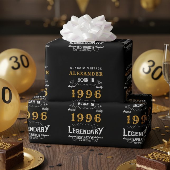 30th Birthday 1996 Black Gold Add Name Legendary Wrapping Paper (1996 wrapping paper in black and gold)