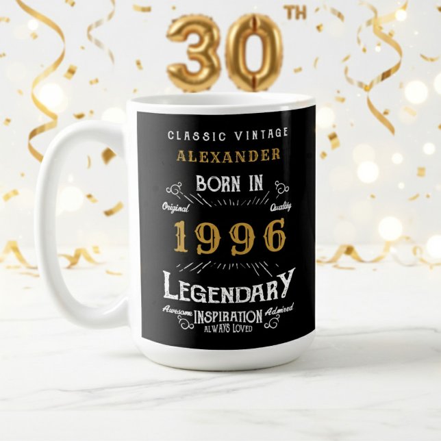 30th Birthday 1996 Legendary Retro Coffee Mug (1996 coffee mug with white and gold background.)