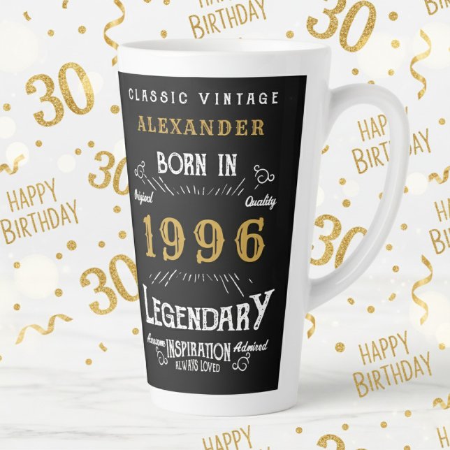 30th Birthday 1996 Legendary Retro Latte Mug (1996 latte mug on a white and gold background)