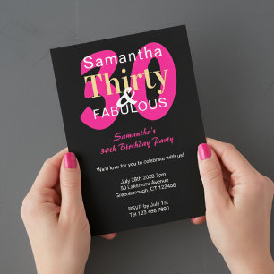 30th Birthday 30 and Fabulous Hot Pink Black Party Invitation
