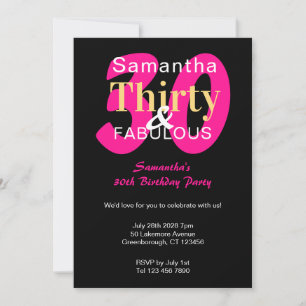 30th Birthday 30 and Fabulous Hot Pink Black Party Invitation