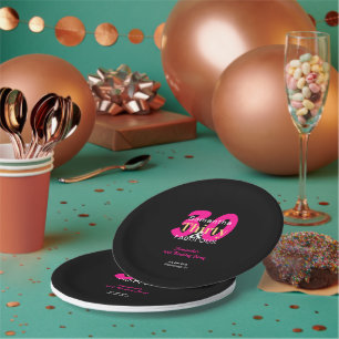 30th Birthday 30 and Fabulous Hot Pink Black Party Paper Plate