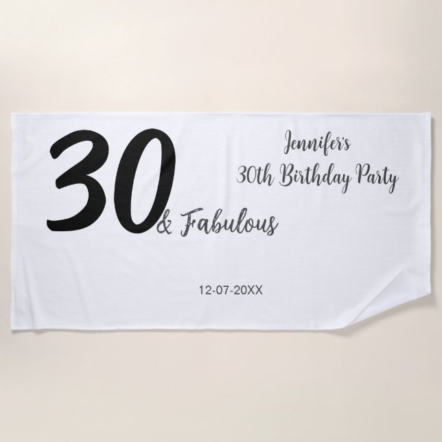 30th birthday add name date year black  beach towel (Front)