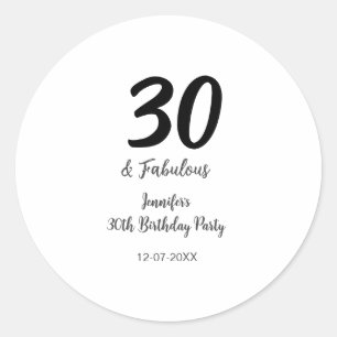 30th birthday add name date year black classic round sticker