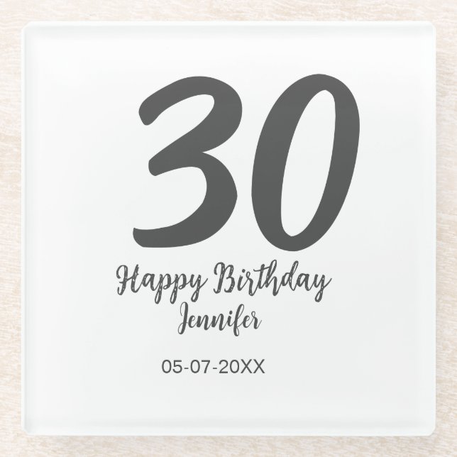 30th birthday add name date year black template  glass coaster (Front)