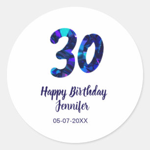 30th birthday add name date year blue sparkle classic round sticker