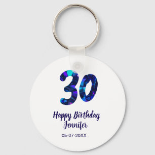 30th birthday add name date year blue sparkle key ring