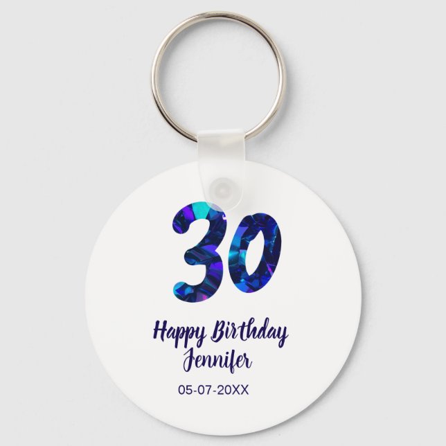 30th birthday add name date year blue sparkle  key ring (Front)