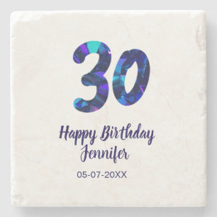 30th birthday add name date year blue sparkle stone coaster