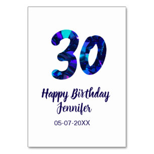 30th birthday add name date year blue sparkle table number