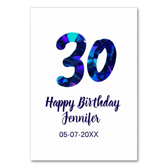30th birthday add name date year blue sparkle  table number (Front)