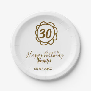 30th birthday add name date year golden flower tex paper plate