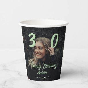 30th birthday add name date year green pastel bold paper cups