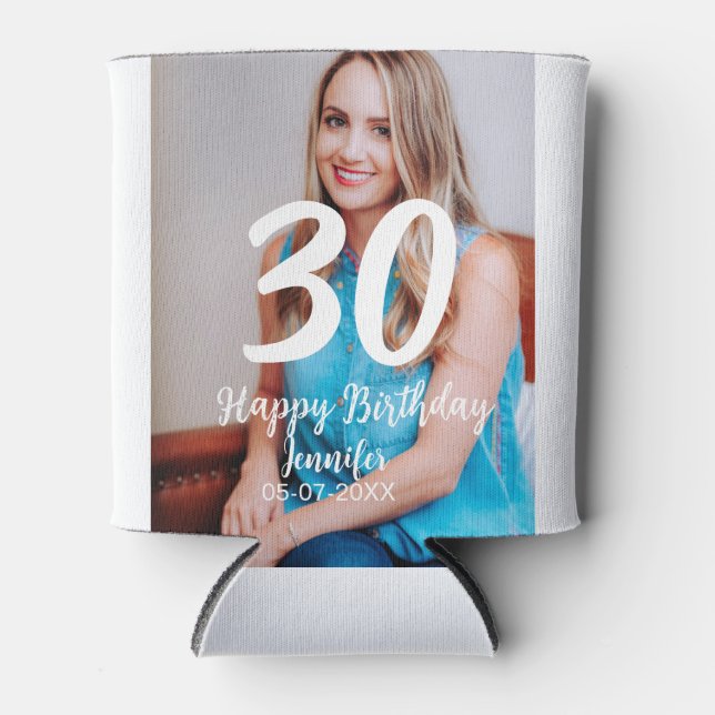 30th birthday add name date year white photo can cooler (Front)