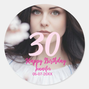 30th birthday add name date year white photo classic round sticker