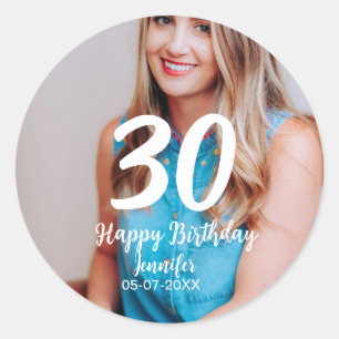 30th birthday add name date year white photo classic round sticker