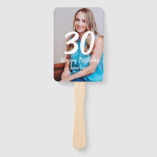 30th birthday add name date year white photo hand fan (Front)