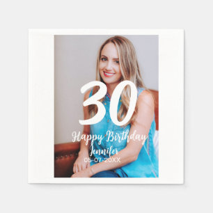 30th birthday add name date year white photo napkin