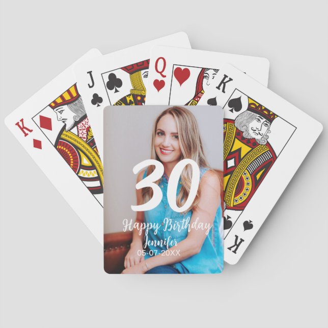30th birthday add name date year white photo playing cards (Back)