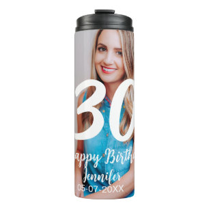 30th birthday add name date year white photo thermal tumbler