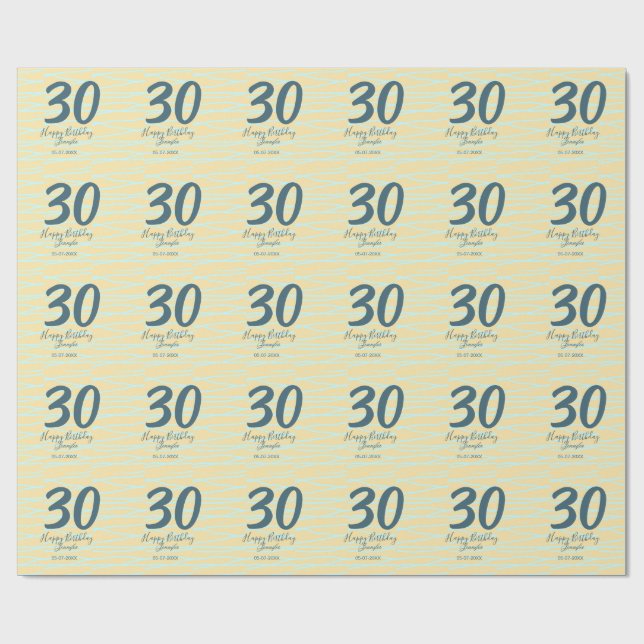 30th birthday add name date year yellow blue paste wrapping paper (Flat)
