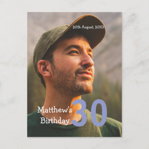 30th birthday add name photo date man blue white postcard