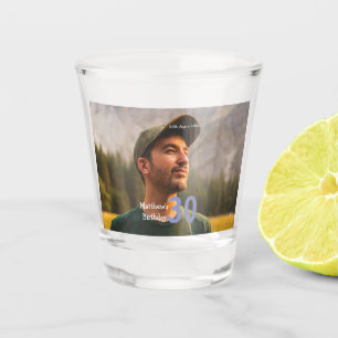 30th birthday add name photo date man blue white shot glass