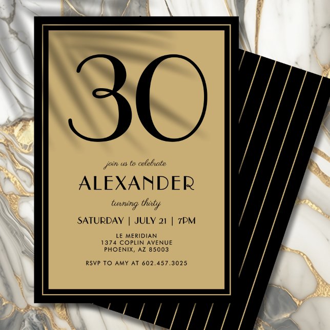 30th Birthday Adult Black and Gold Modern Minimal  Invitation (Personalized black and gold invitation for an unforgettable 30th birthday.)