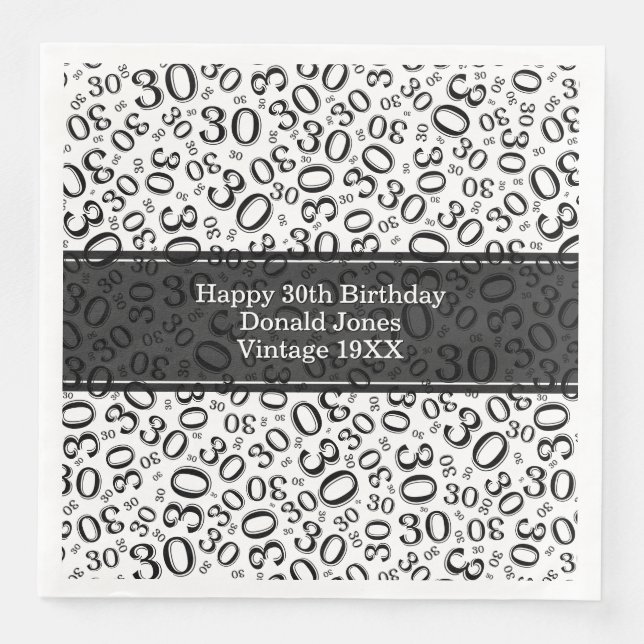 30th Birthday Age Number Pattern Black/White Napkin (Front)