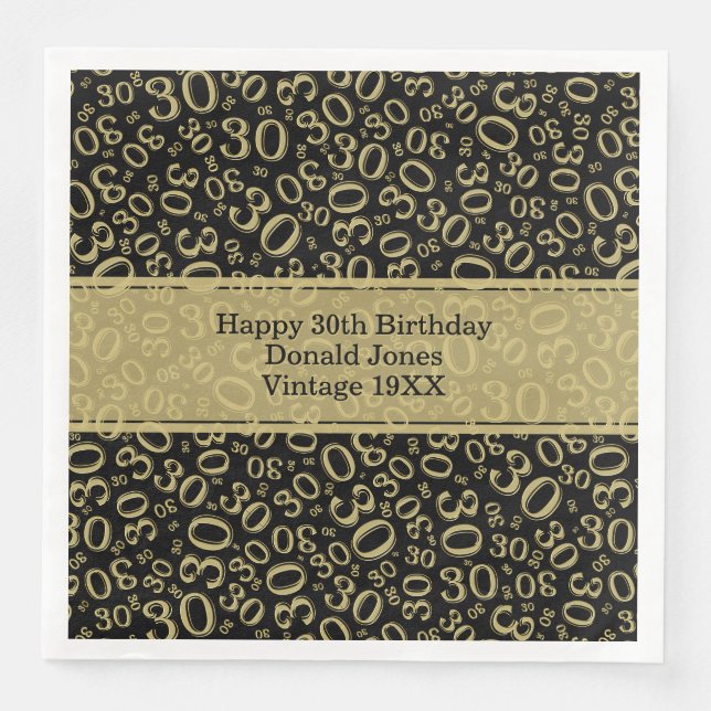 30th Birthday Age Number Pattern Gold/Black Napkin (Front)