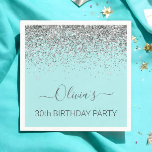 30th Birthday Aqua Blue Teal Silver Glitter Napkin