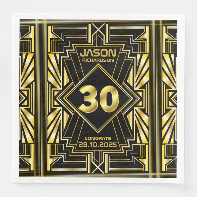 30th Birthday Art Deco Gold Black Great Gatsby Napkin (Front)