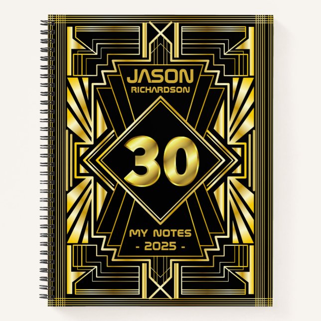 30th Birthday Art Deco Gold Black Great Gatsby Notebook (Front)