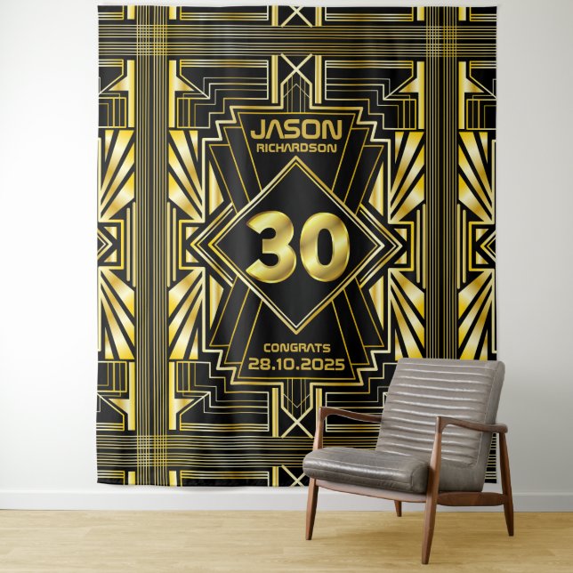 30th Birthday Art Deco Gold Black Great Gatsby Tapestry (In Situ)