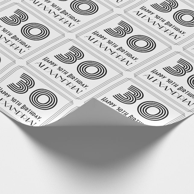 30th Birthday: Art Deco Inspired Style "30" + Name Wrapping Paper (Corner)