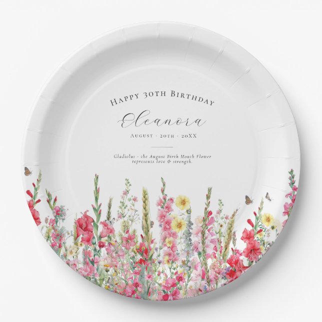 30th Birthday August Birth Flower Party Supplies Paper Plate (Front)