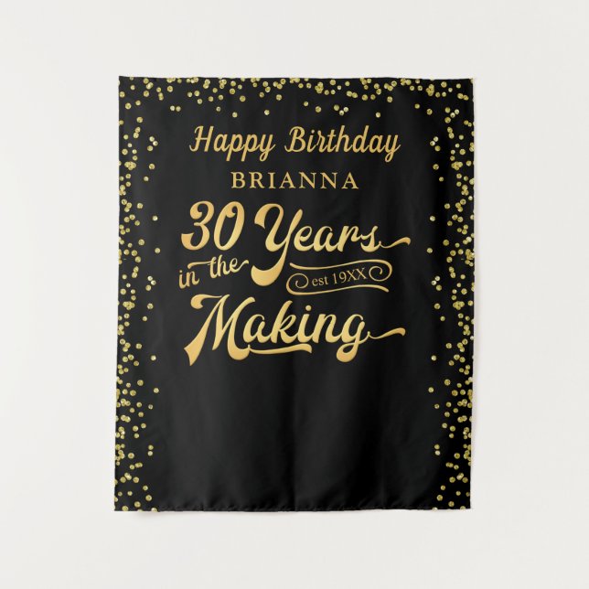 30th Birthday Backdrop Black Gold Confetti Tapestry (Front)