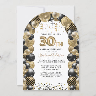 30th Birthday Balloon Gold Black Sparkle Invitation