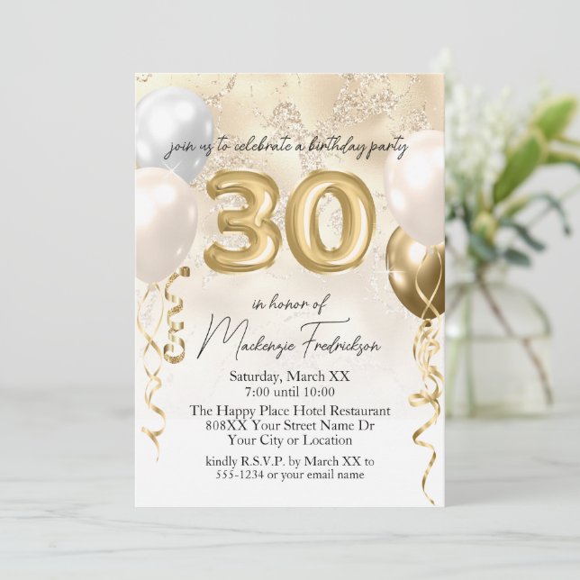 30th Birthday Balloons on Gold Glitter Marble Invitation (Standing Front)