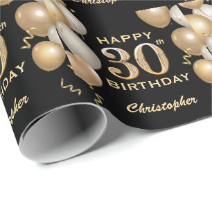 30th Birthday Black and Gold Glitter Balloons Wrapping Paper