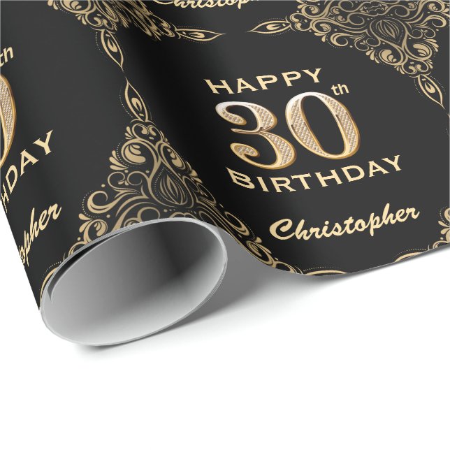 30th Birthday Black and Gold Glitter Frame Wrapping Paper (Roll Corner)