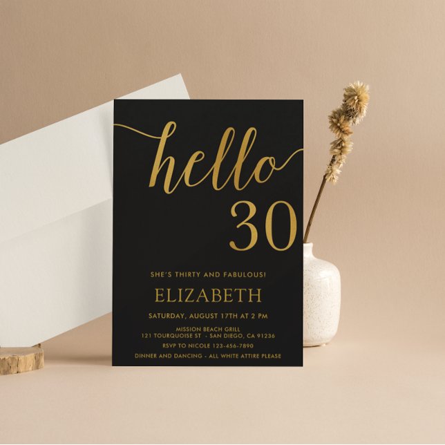 30th Birthday Black and Gold Hello 30 Invitation (Creator Uploaded)