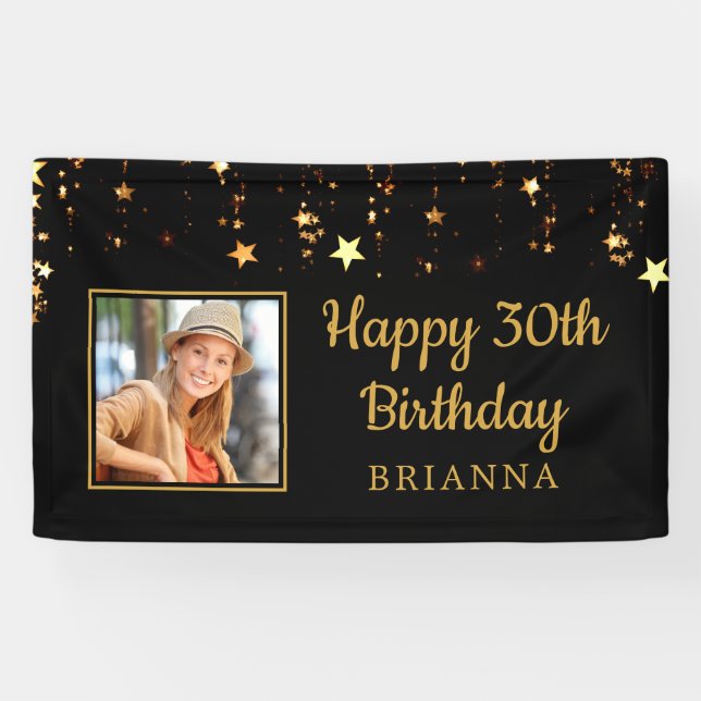 30th Birthday Black and Gold Stars Personalised Banner (Horizontal)