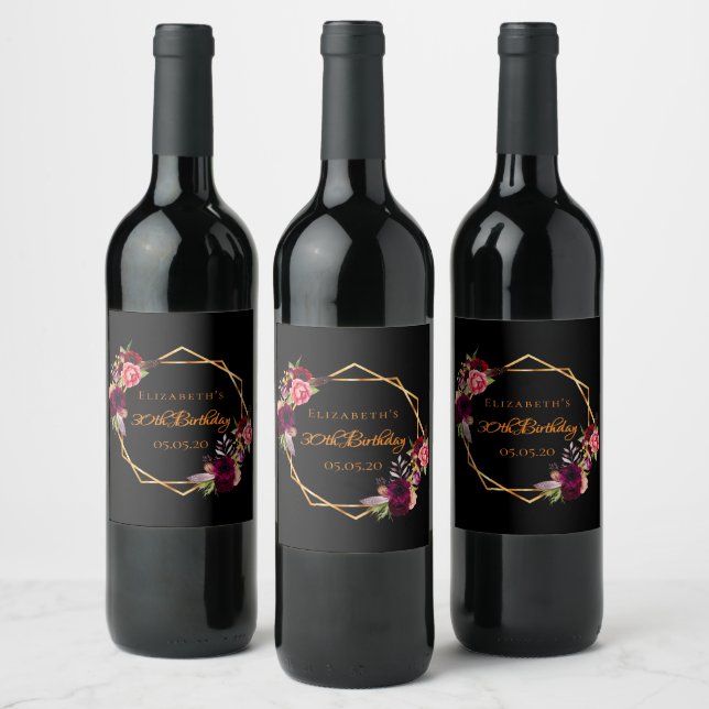 30th birthday black floral gold geometric burgundy wine label (Bottles)