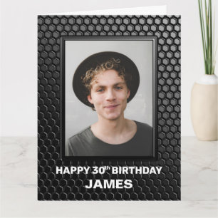 30th Birthday Black Geometric Pattern Custom Photo Card