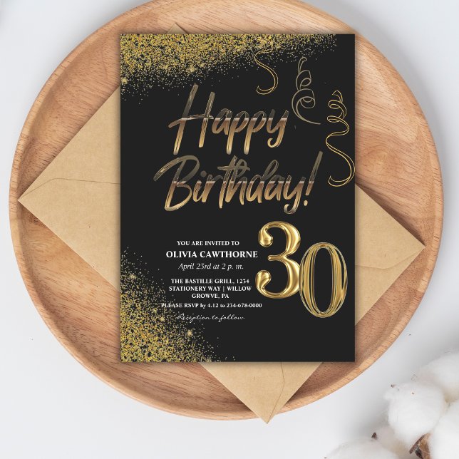 30th Birthday Black & Gold Glitter Modern   Invitation (Creator Uploaded)
