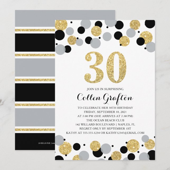 30th Birthday Black Gold Grey Glitter Confetti Invitation (Front/Back)