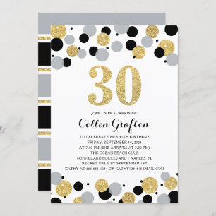 30th Birthday Black Gold Grey Glitter Confetti Invitation