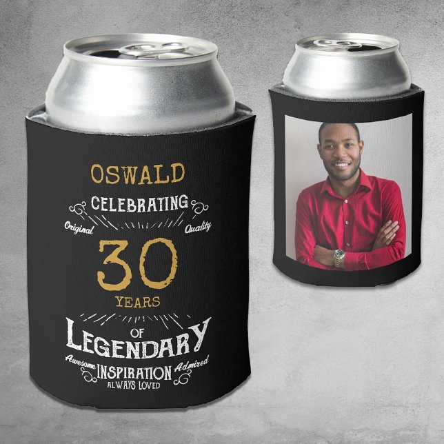 30th Birthday Black Gold  Legendary Photo Can Cooler (A personalized elegant 30th birthday can cooler that is easy to customize)