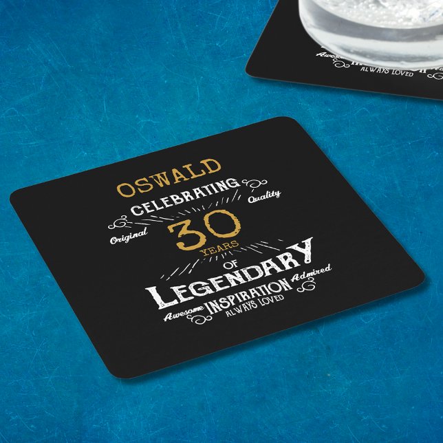 30th Birthday Black Gold  Legendary Retro Square Paper Coaster (A personalized elegant 30th birthday paper coaster that is easy to customize)
